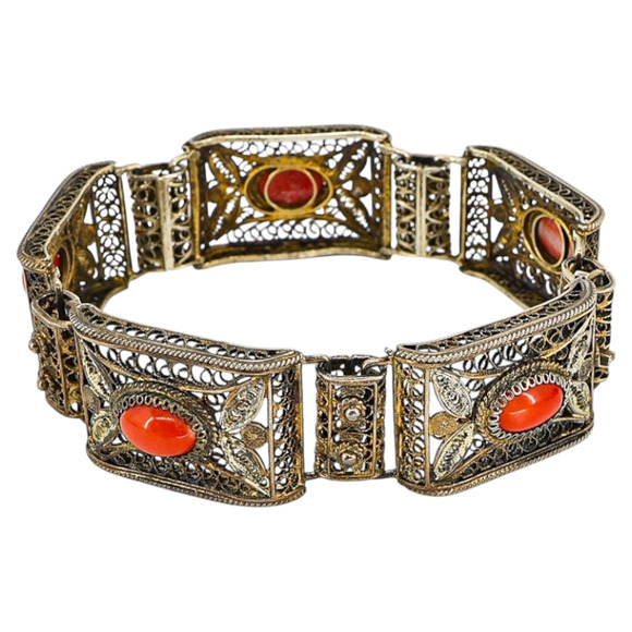 Vintage 1930s Firenze Italy Gilded 800 Silver Filigree Bracelet W Red Coral - Picture 2 of 12